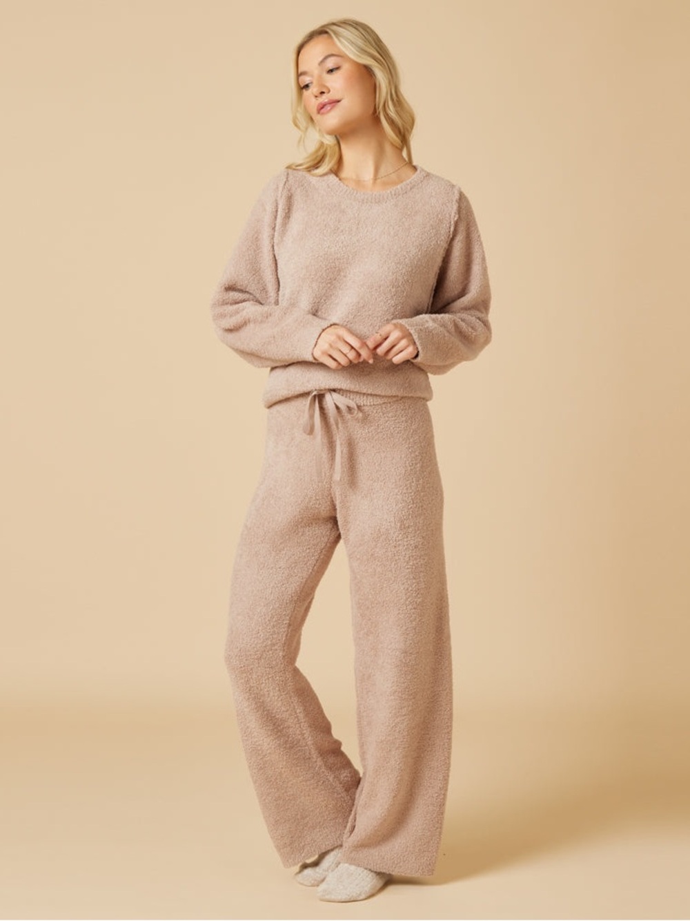 Softies Marshmallow Lounge Set 2 Pc Reverse Seam Crew Neck Bracelet Sleeve Cream